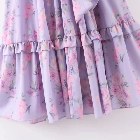 Lilac Floral Puff Sleeve High Waist Surplice Maxi Dress with Bow - Picture 10 of 16